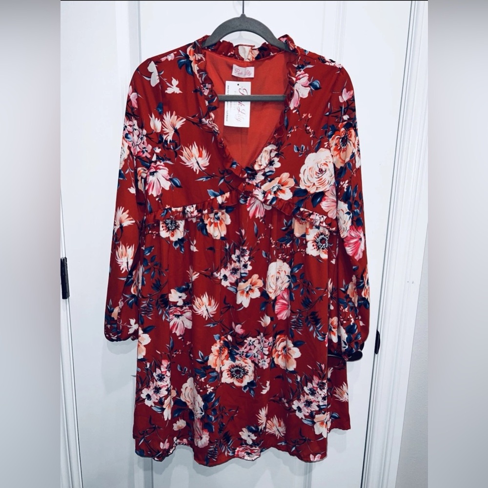 Pink Lily Women’s Floral Long Sleeve Babydoll Dress Size Small NEW
